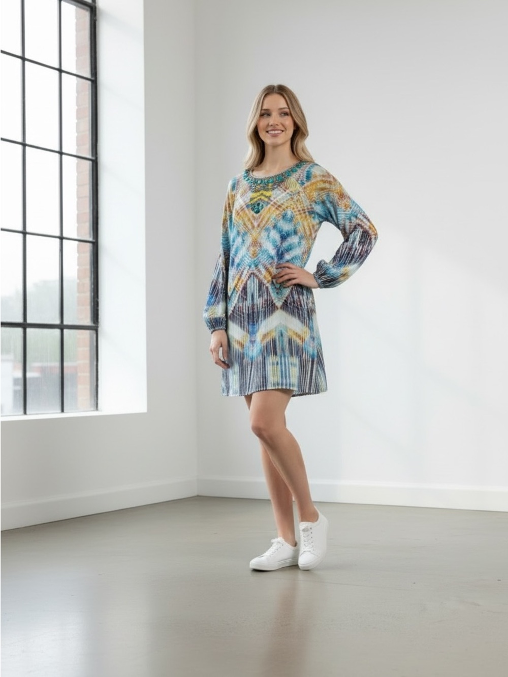 bebe Multicolor Blue & Yellow Printed Long-Sleeve Shift Dress